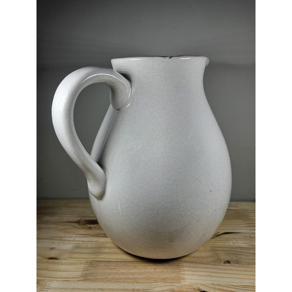 White Crackle Ceramic Pitcher Rustic Farmhouse Decor 10 Inch
