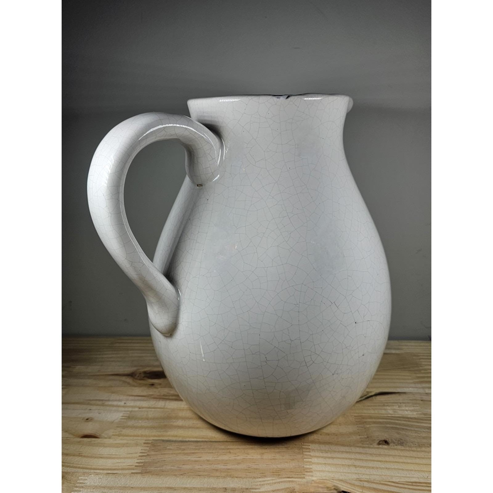 White Crackle Ceramic Pitcher Rustic Farmhouse Decor 10 Inch