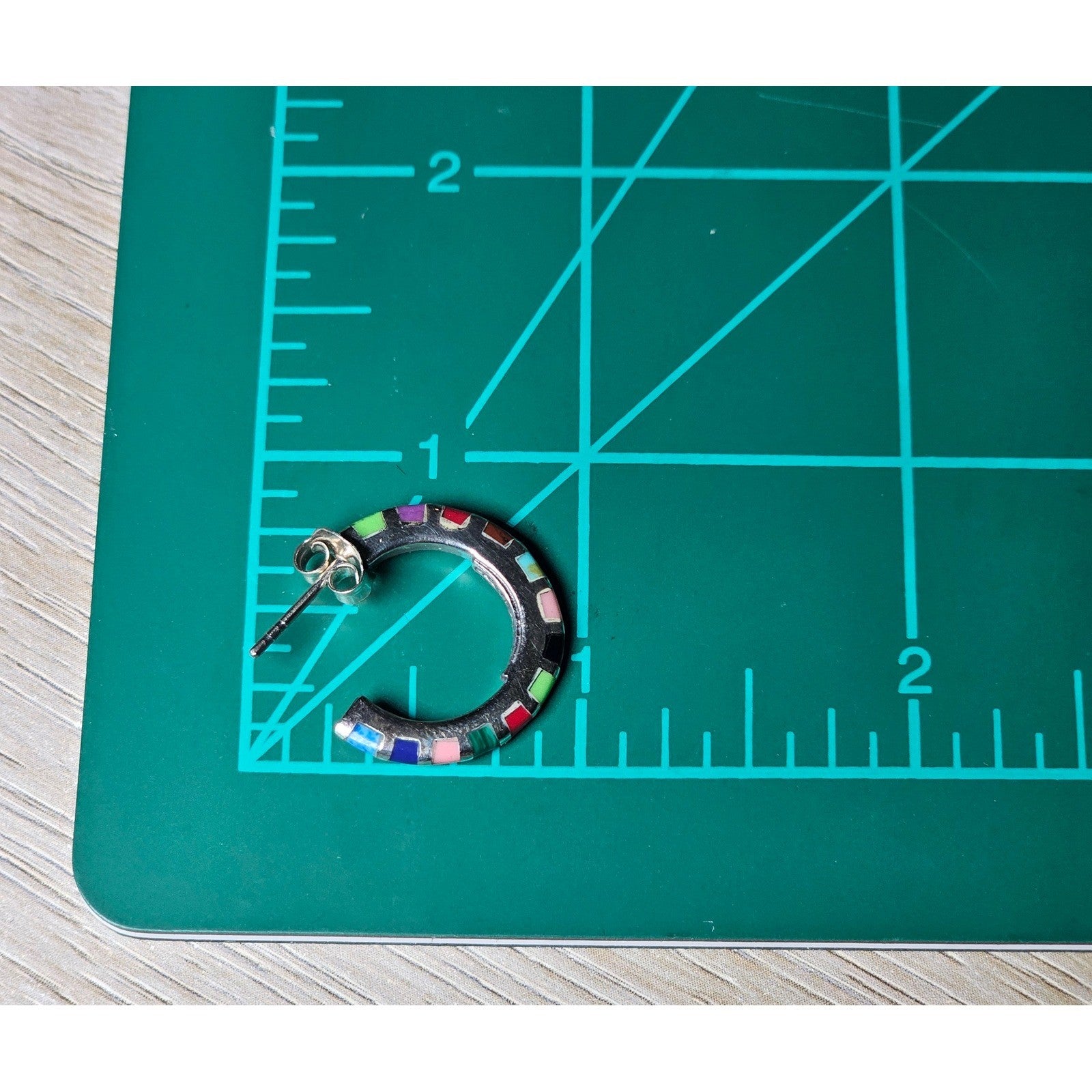 Vintage Sterling Silver Multicolor Inlay Hoop Earrings .925