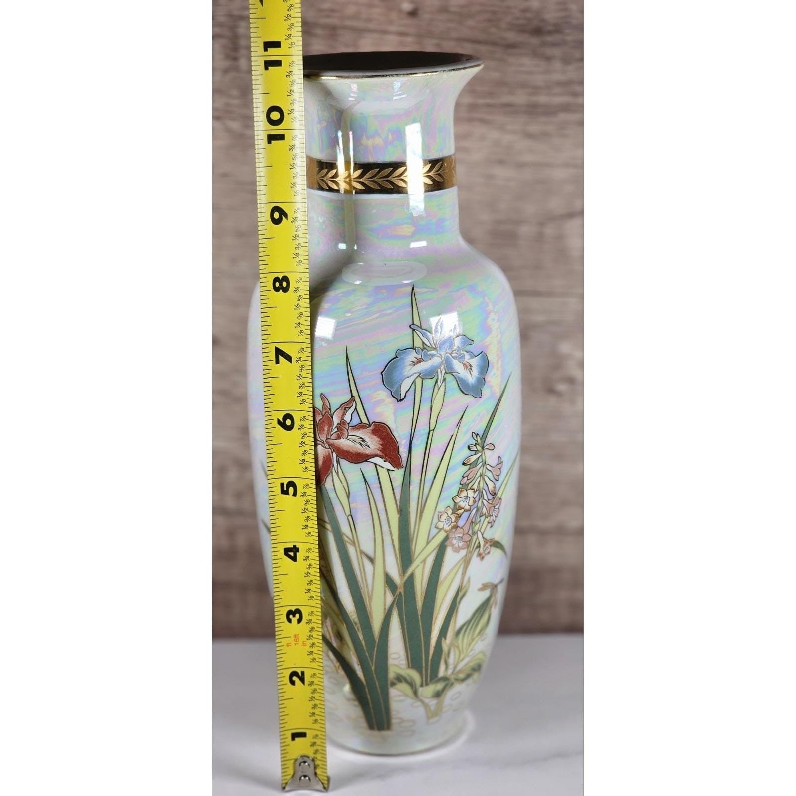 Vintage Japanese Iris Vase with Gold Trim Hand Painted Floral Decor