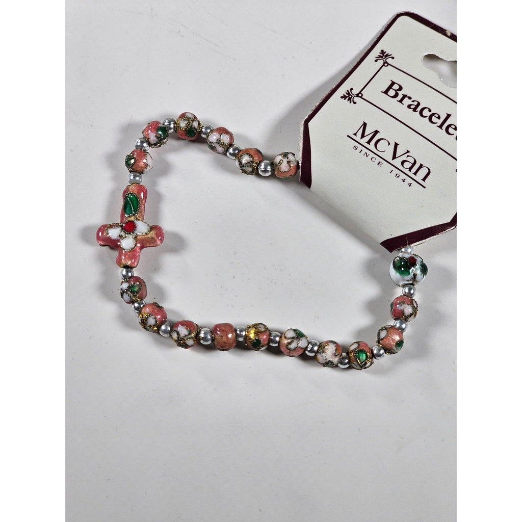 Vintage McVan Enamel Beaded Bracelet Floral Charm Pink Green