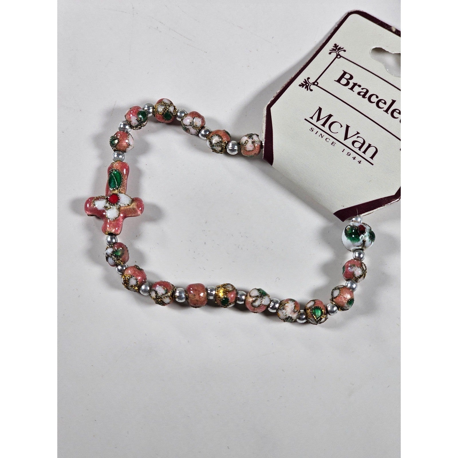 Vintage McVan Enamel Beaded Bracelet Floral Charm Pink Green