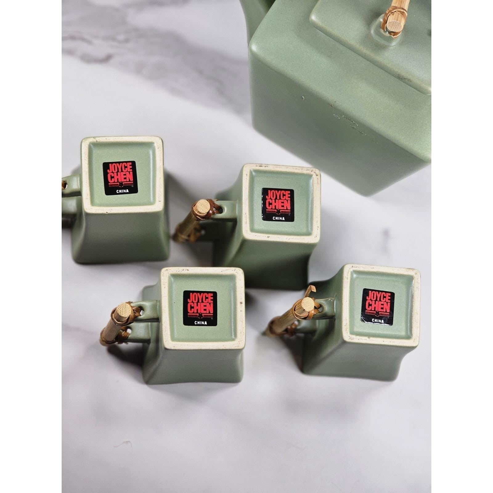 Joyce Chen Ceramic Flared 28oz Teapot & 4 Square Teacups Set Bamboo Handle