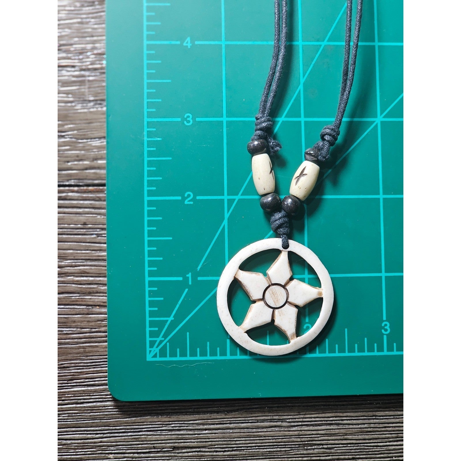 Vintage Carved Floral Pendant Necklace Black Cord Boho Statement