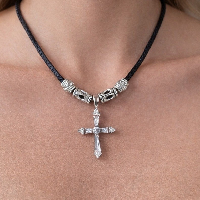 Vintage Silver Tone Cross Necklace Black Cord Beaded Accent