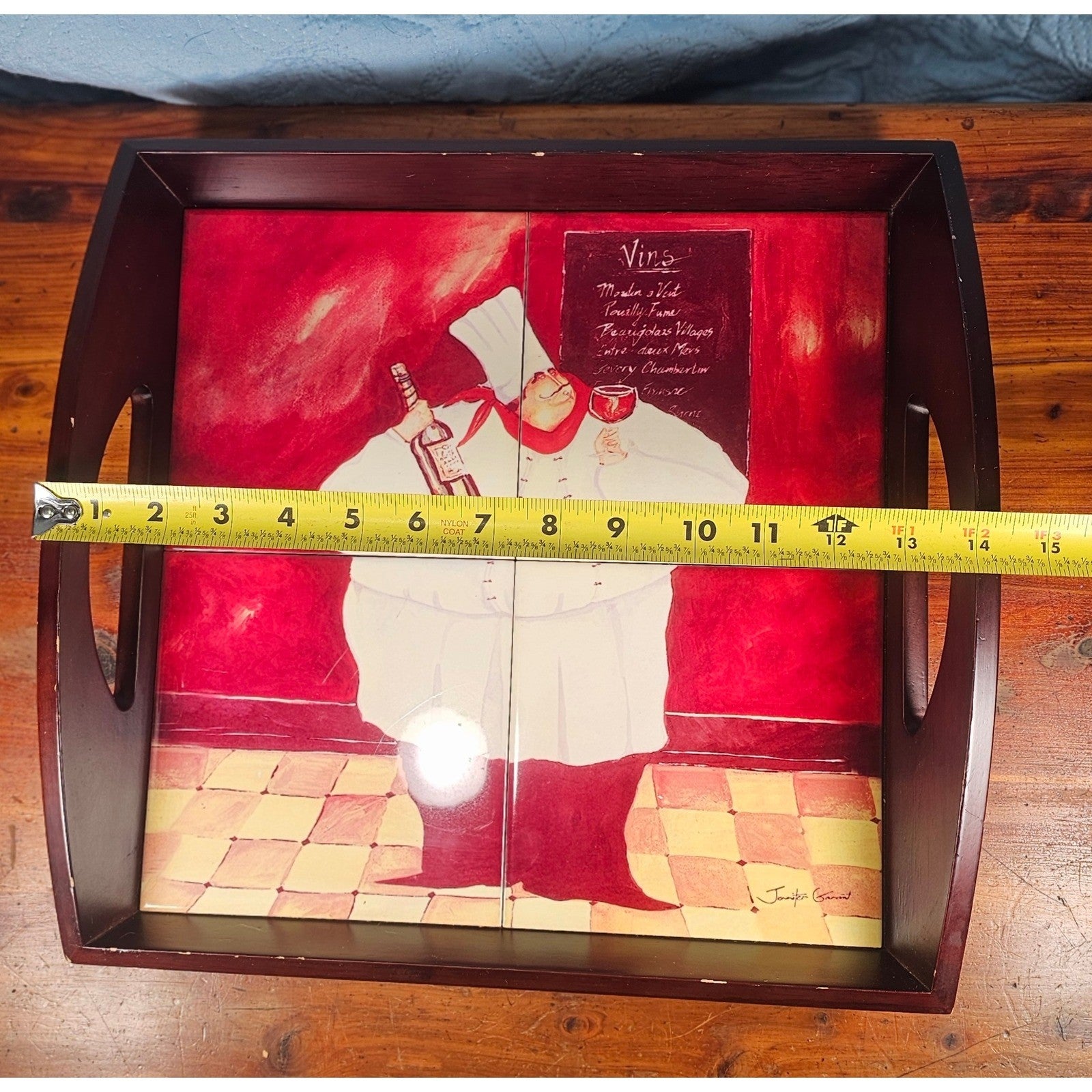 Vintage Tile Art Chef Serving Tray Wine Theme Wooden Handles