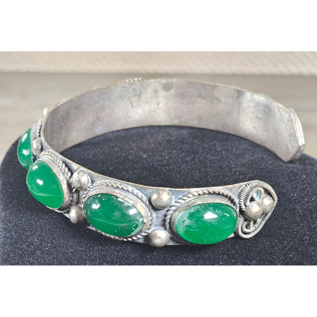 Vintage Green Cabochon Cuff Bracelet Silver Tone Statement
