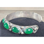 Vintage Green Cabochon Cuff Bracelet Silver Tone Statement