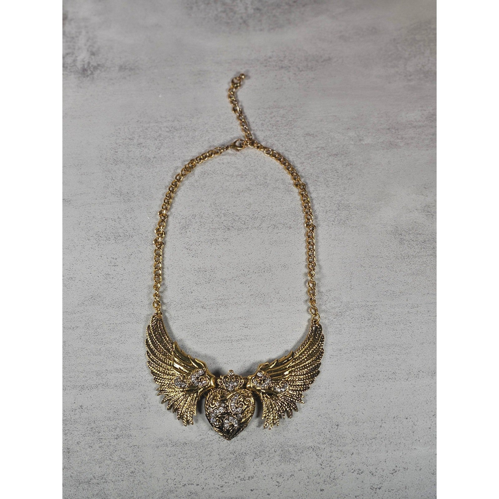 Vintage Gold Tone Winged Heart Rhinestone Statement Necklace