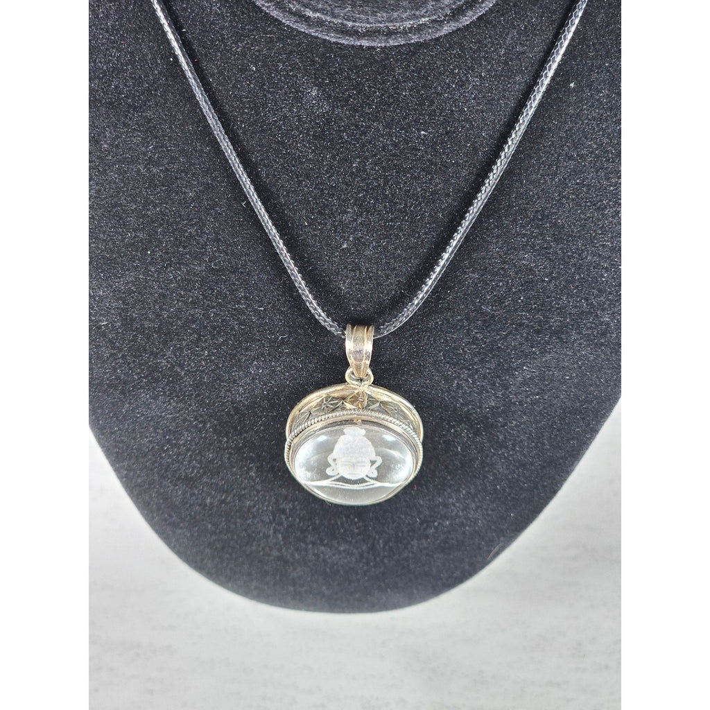 Vintage Sterling Silver Buddha Glass Pendant Necklace