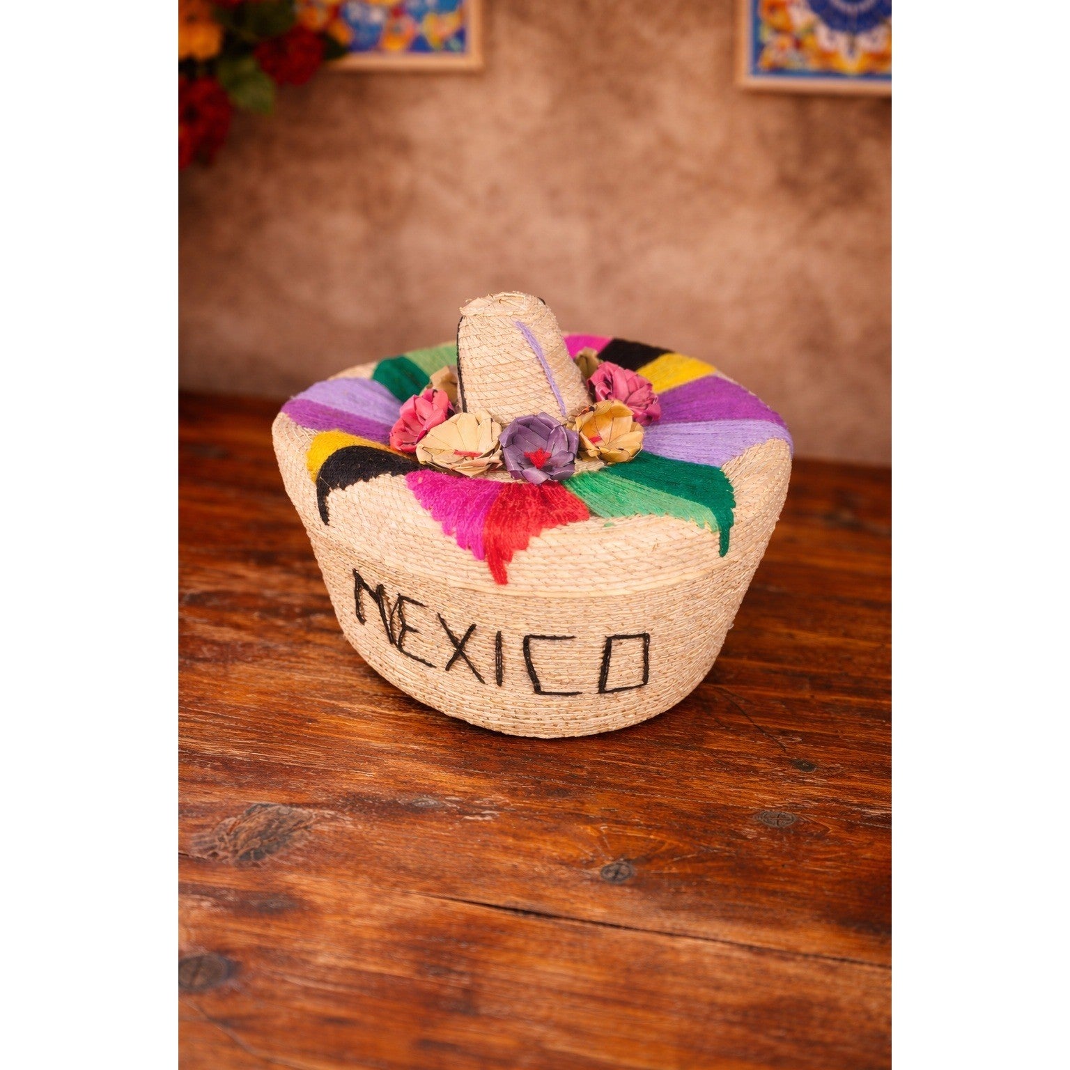 Vintage Mexican Straw Sombrero Trinket Box with Lid Colorful Folk Decor