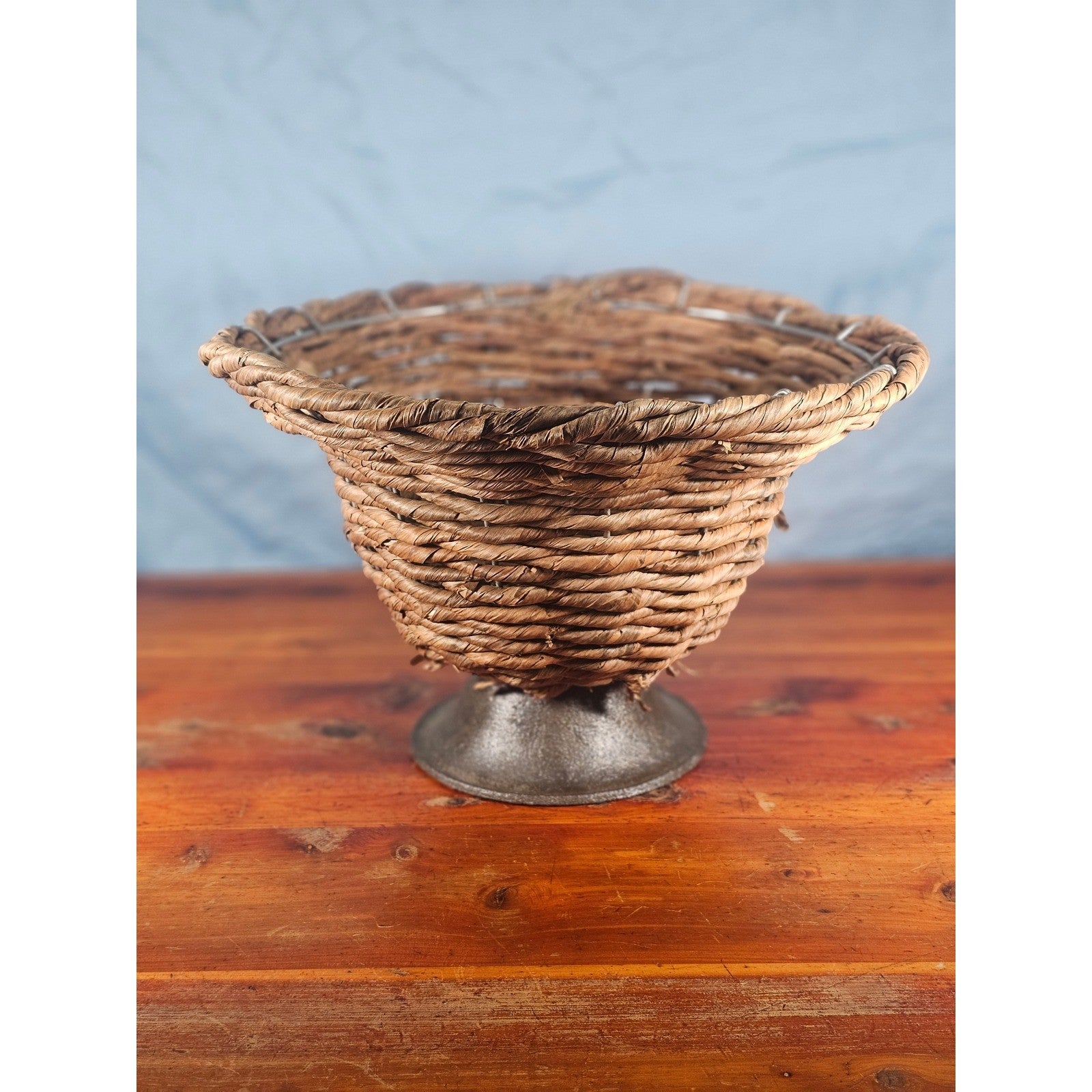 Vintage Woven Basket on Metal Pedestal Base | Rustic Farmhouse Decor |