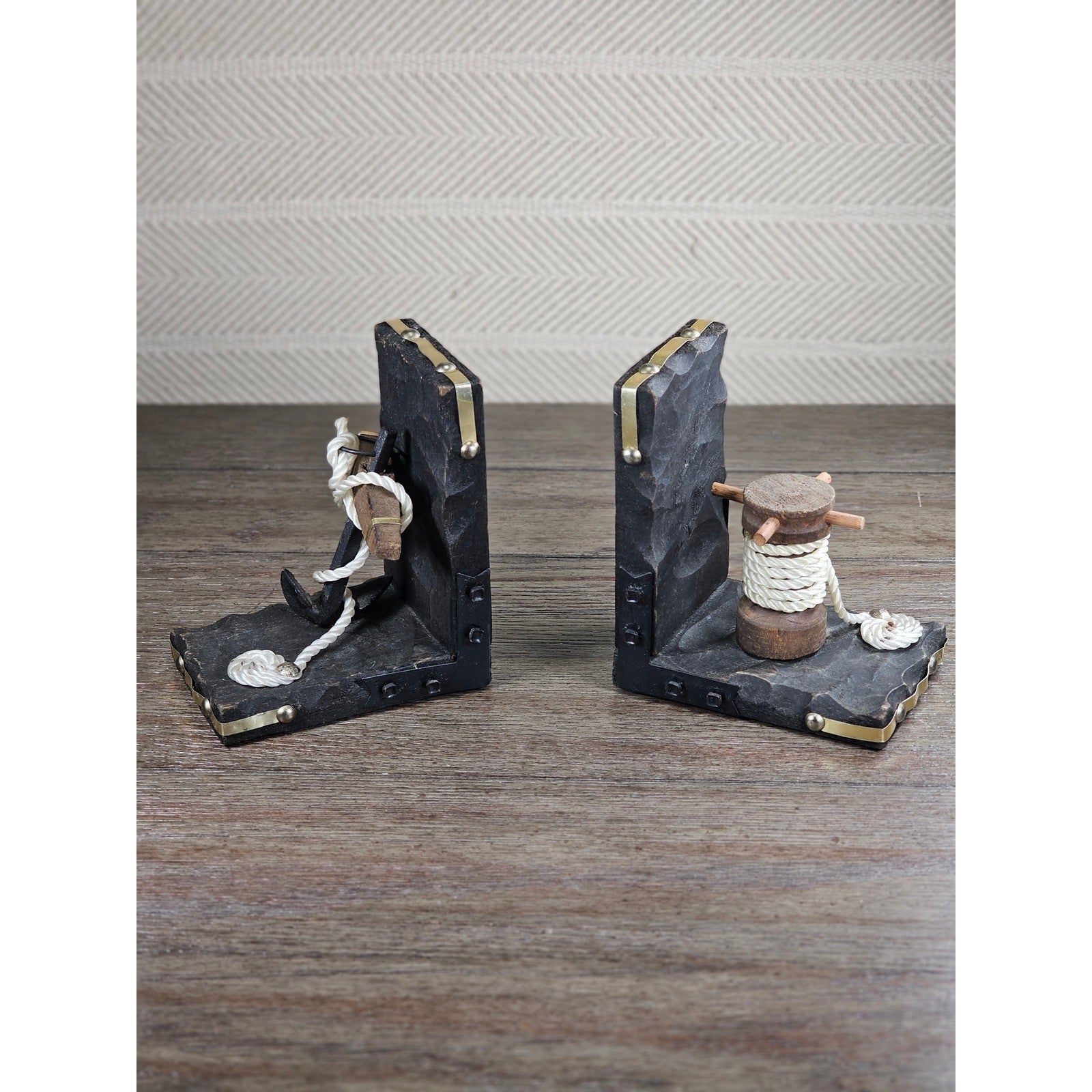 Vintage Nautical Bookends Wood Rope Anchor & Spool Coastal Decor Set