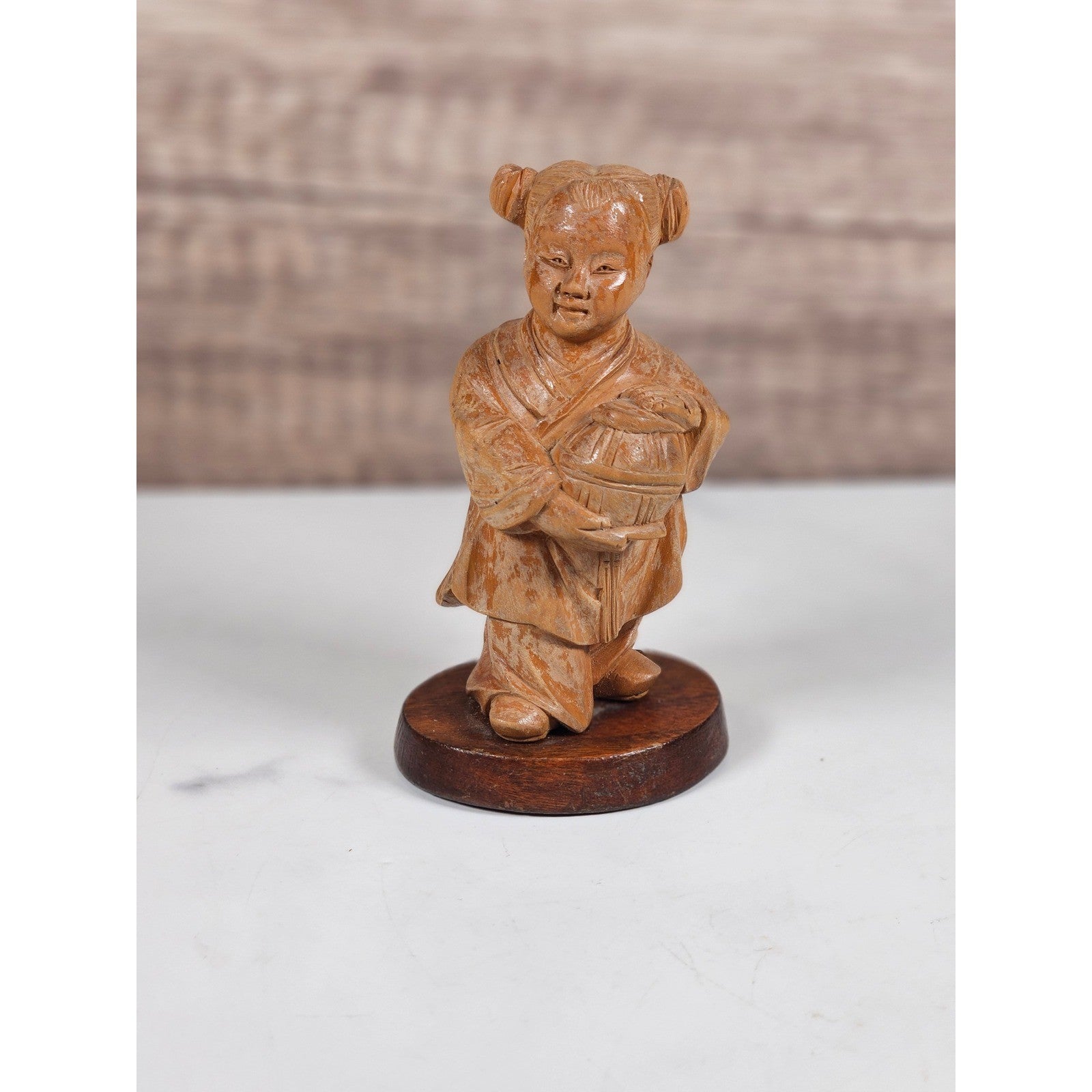 Vintage Asian Child Figurine Statue on Wood Base Aged Decorative Sculpture