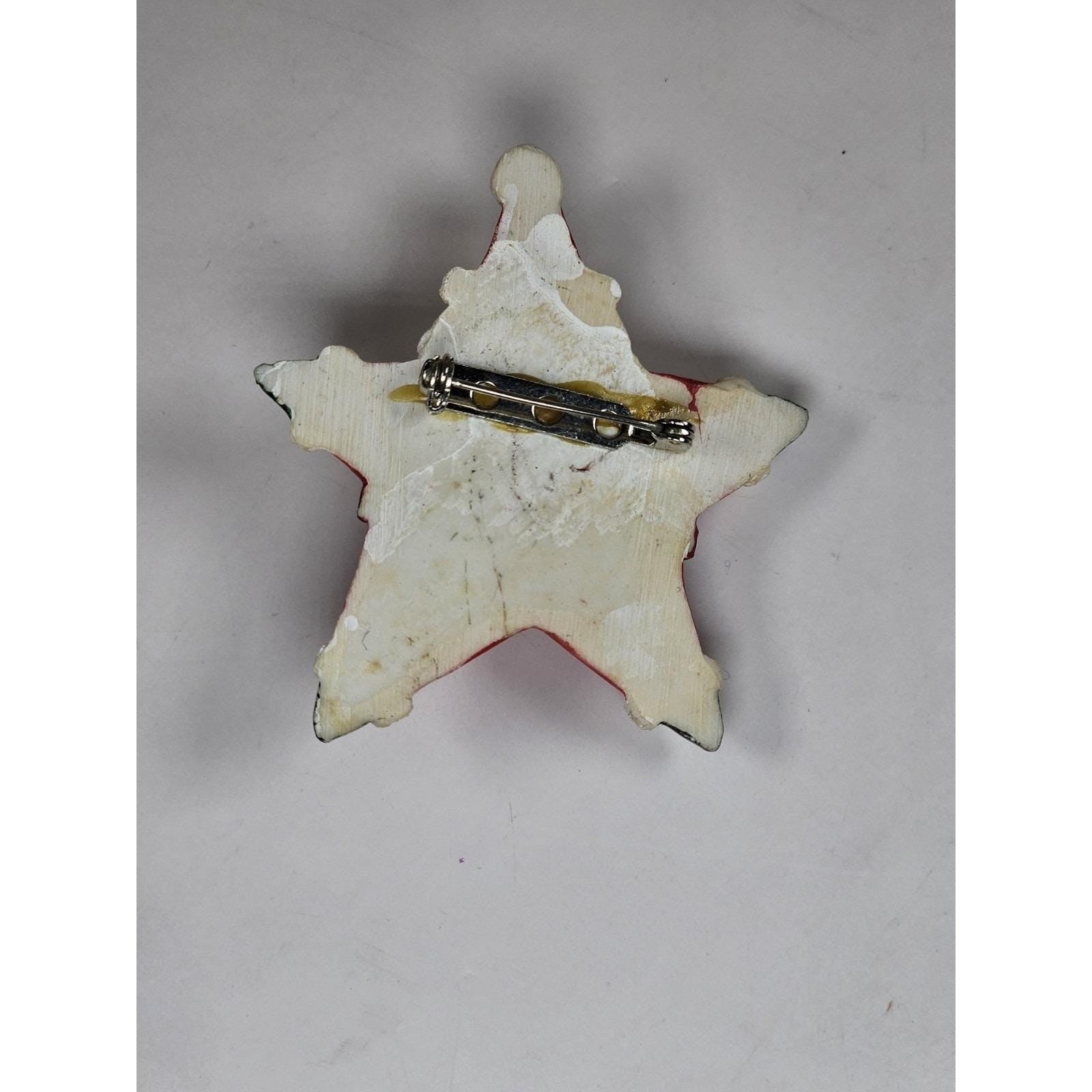Vintage Folk Art Santa Claus Star Brooch Pin Holiday Christmas Jewelry