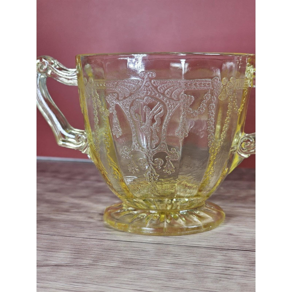 Vintage Anchor Hocking Cameo Ballerina Yellow Glass Creamer & Sugar Set