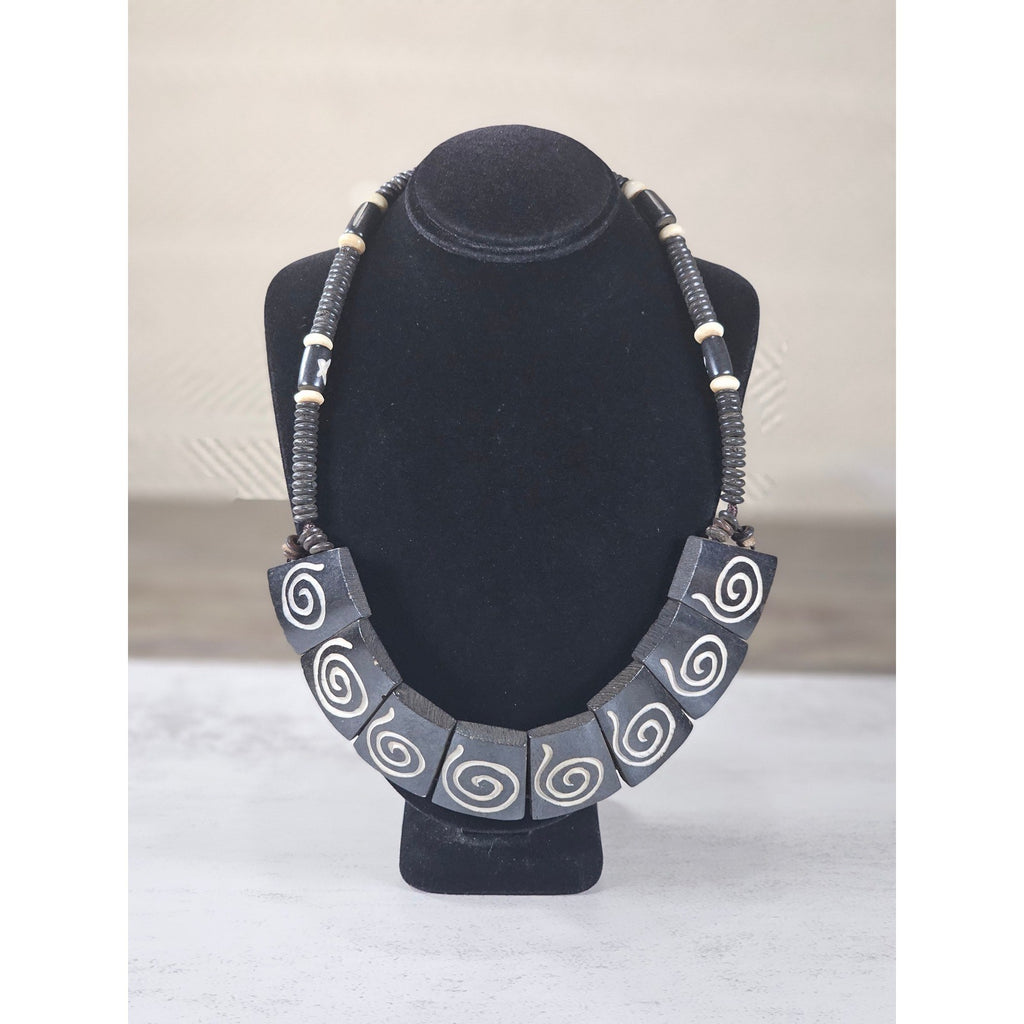 Vintage Tribal Carved Wood Spiral Necklace Statement Collar Black
