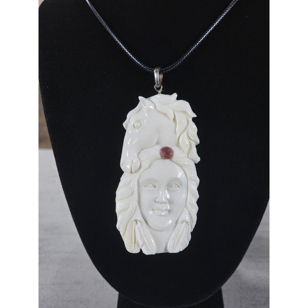 Vintage Hand Carved Horse Woman Pendant Necklace