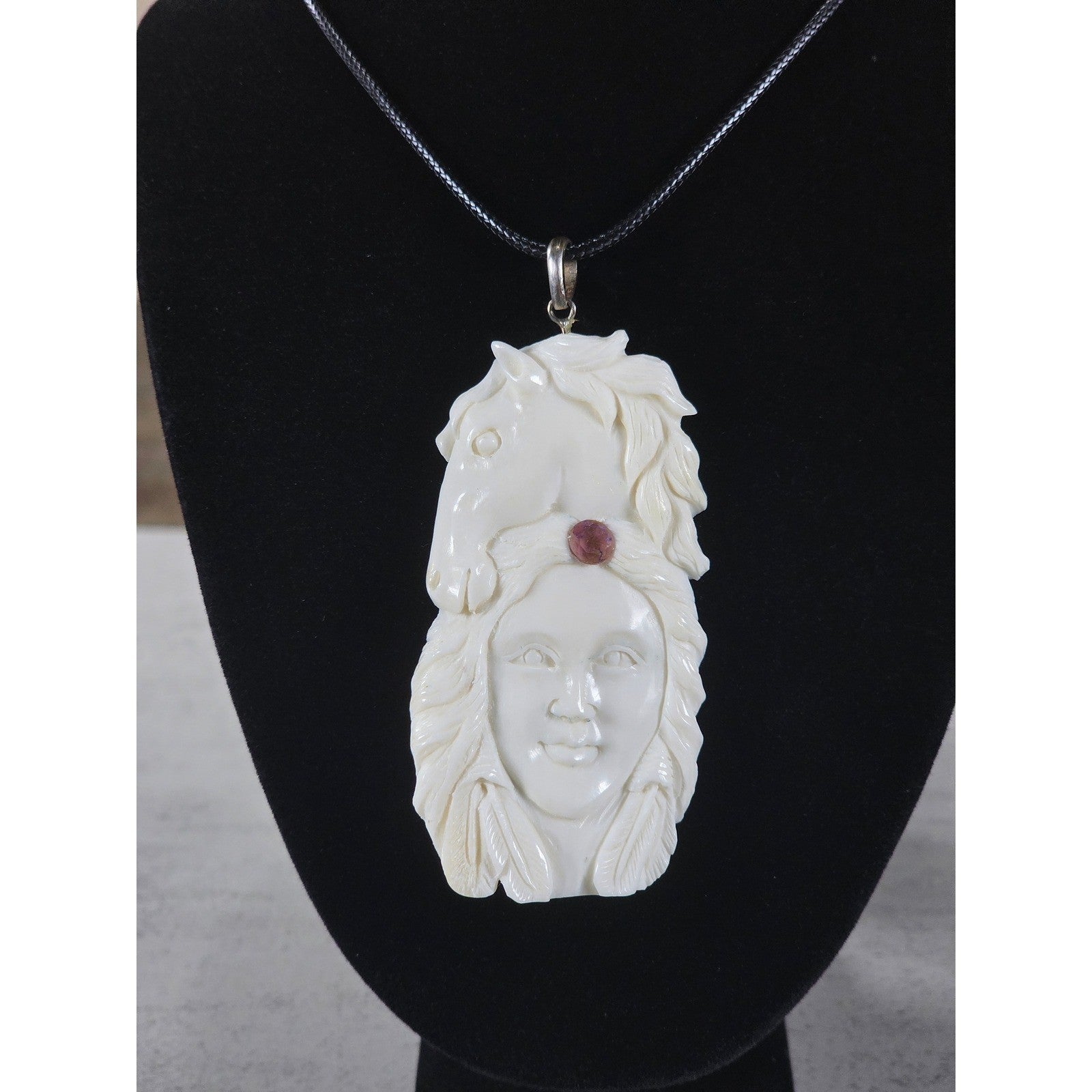 Vintage Hand Carved Horse Woman Pendant Necklace