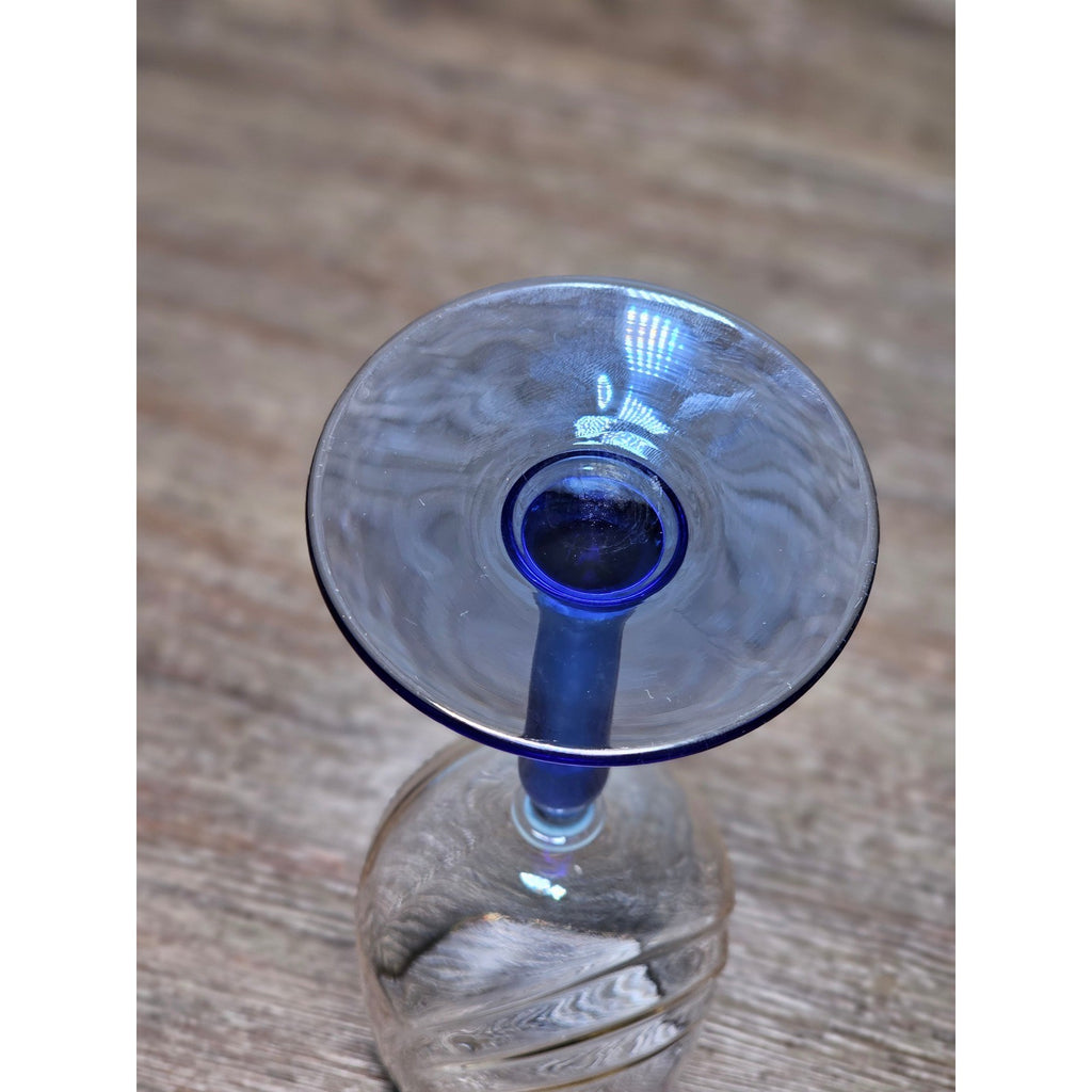 Vintage Blue Stem Wine Glass Clear Etched Bowl 8 Inch Goblet