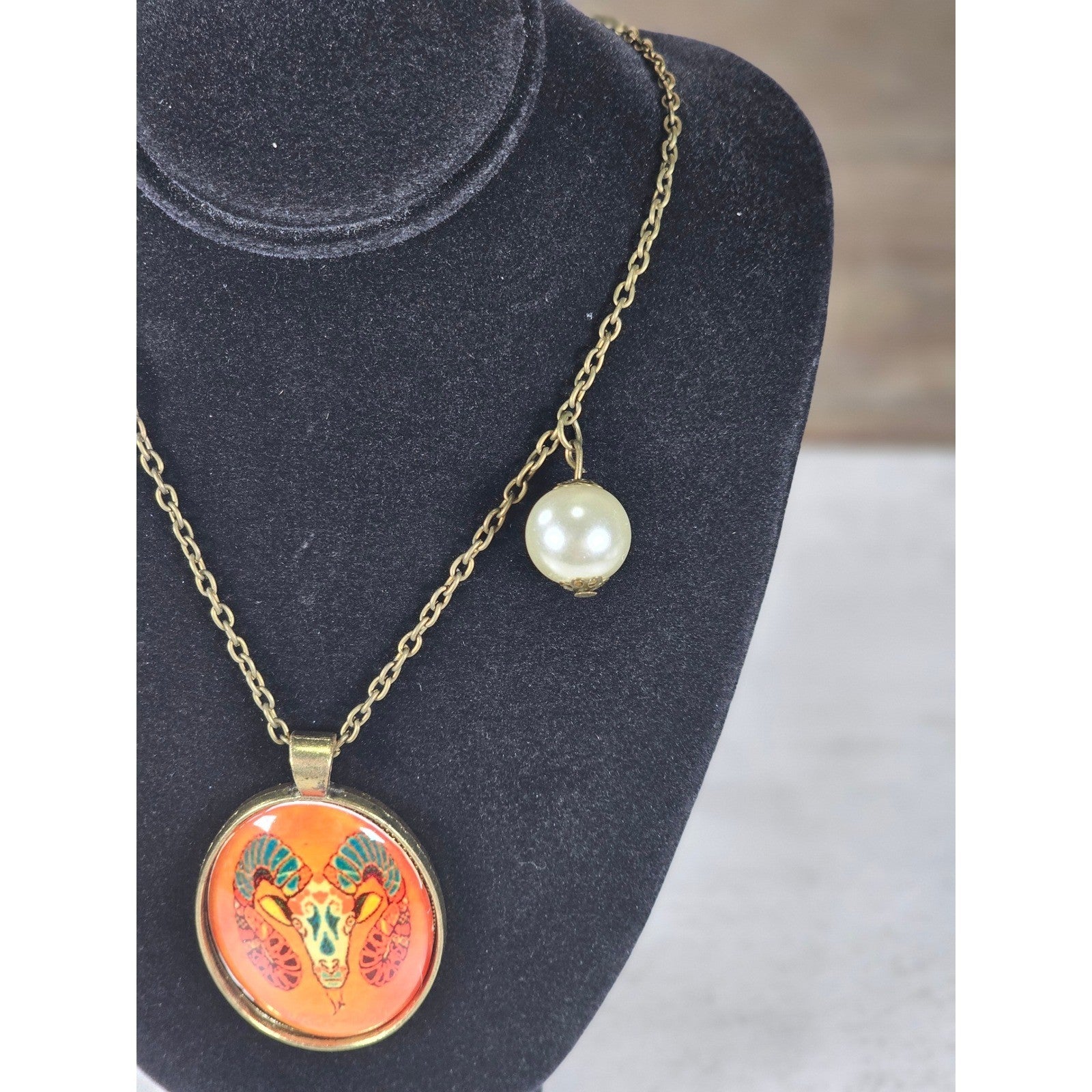 Vintage Aries Ram Pendant Necklace Zodiac Medallion Oval Charm
