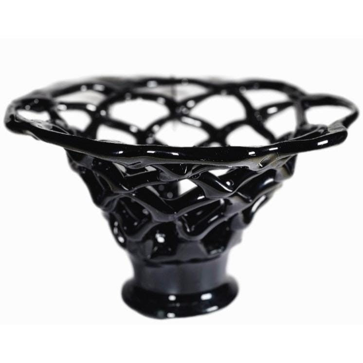 Vintage Black Art Glass Basket Weave Vase, Openwork Sculptural Decor