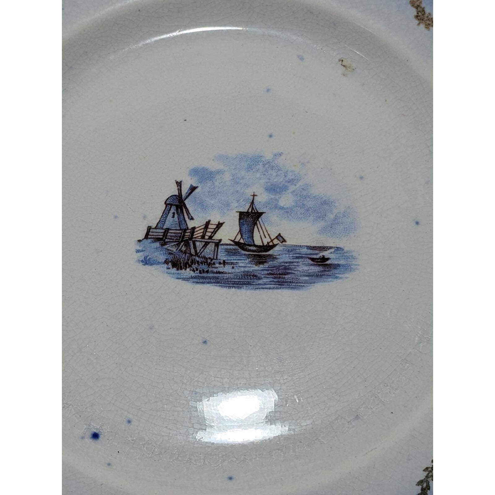 Vintage Windmill Boat Bread & Butter Plate Cobalt Blue Gold Trim