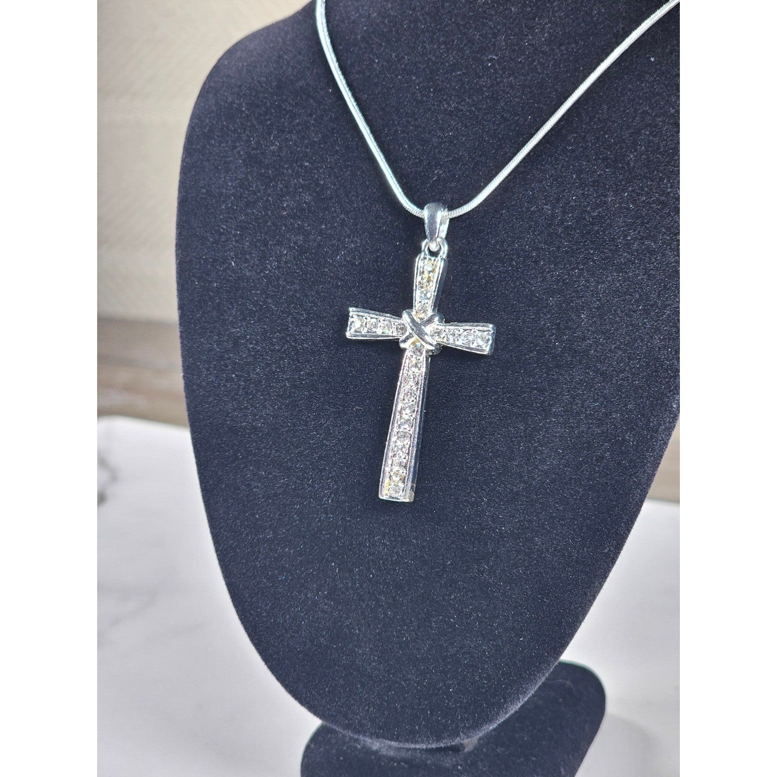 Vintage Silver Tone Cross Necklace with Clear Stone Accents