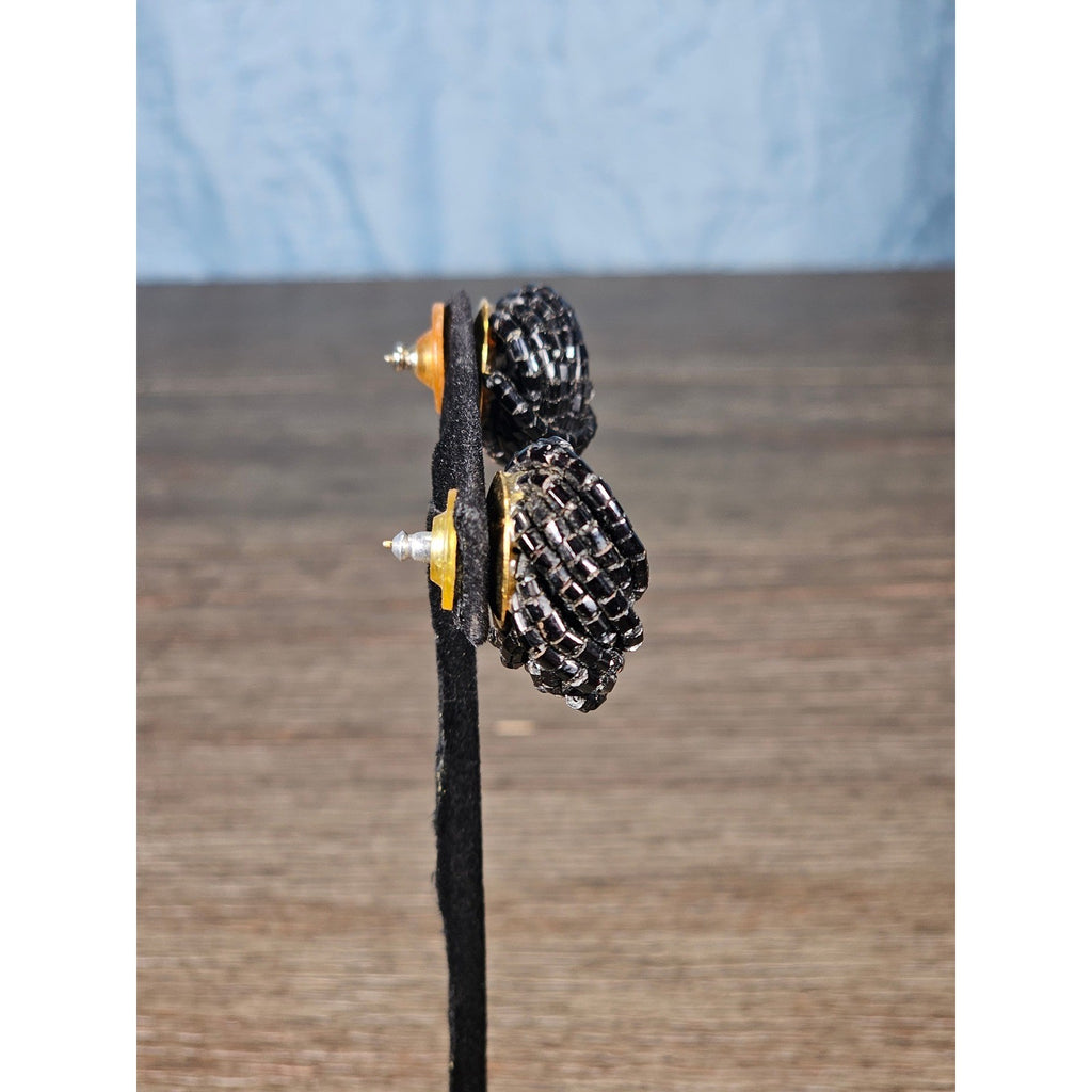 Vintage Black Beaded Knot Stud Earrings Gold Tone Post Statement