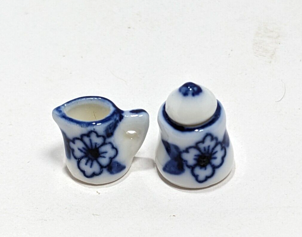 Dollhouse Tea Set with Blue White Floral Ceramic 1:12 Scale Miniature