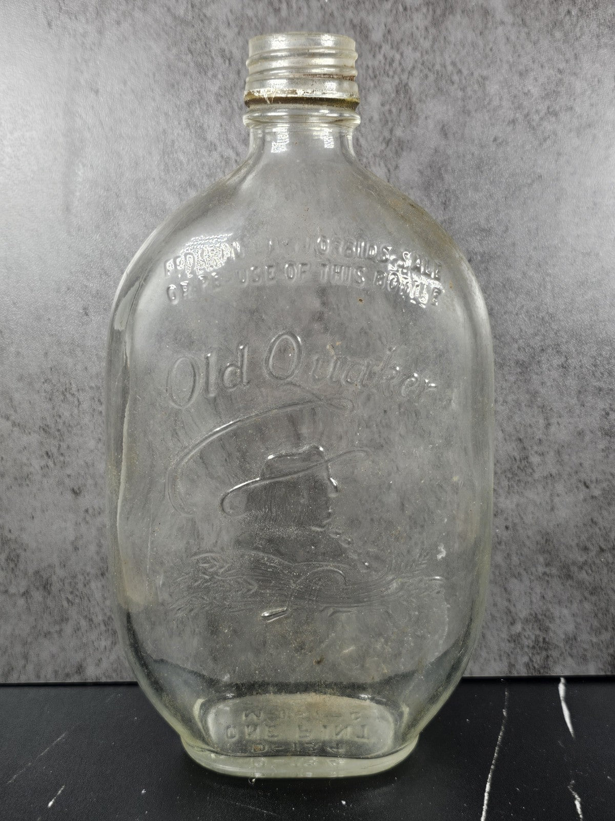 Vintage “Old Quaker” Embossed Clear Glass Whiskey Bottle • One-Pint Collectible