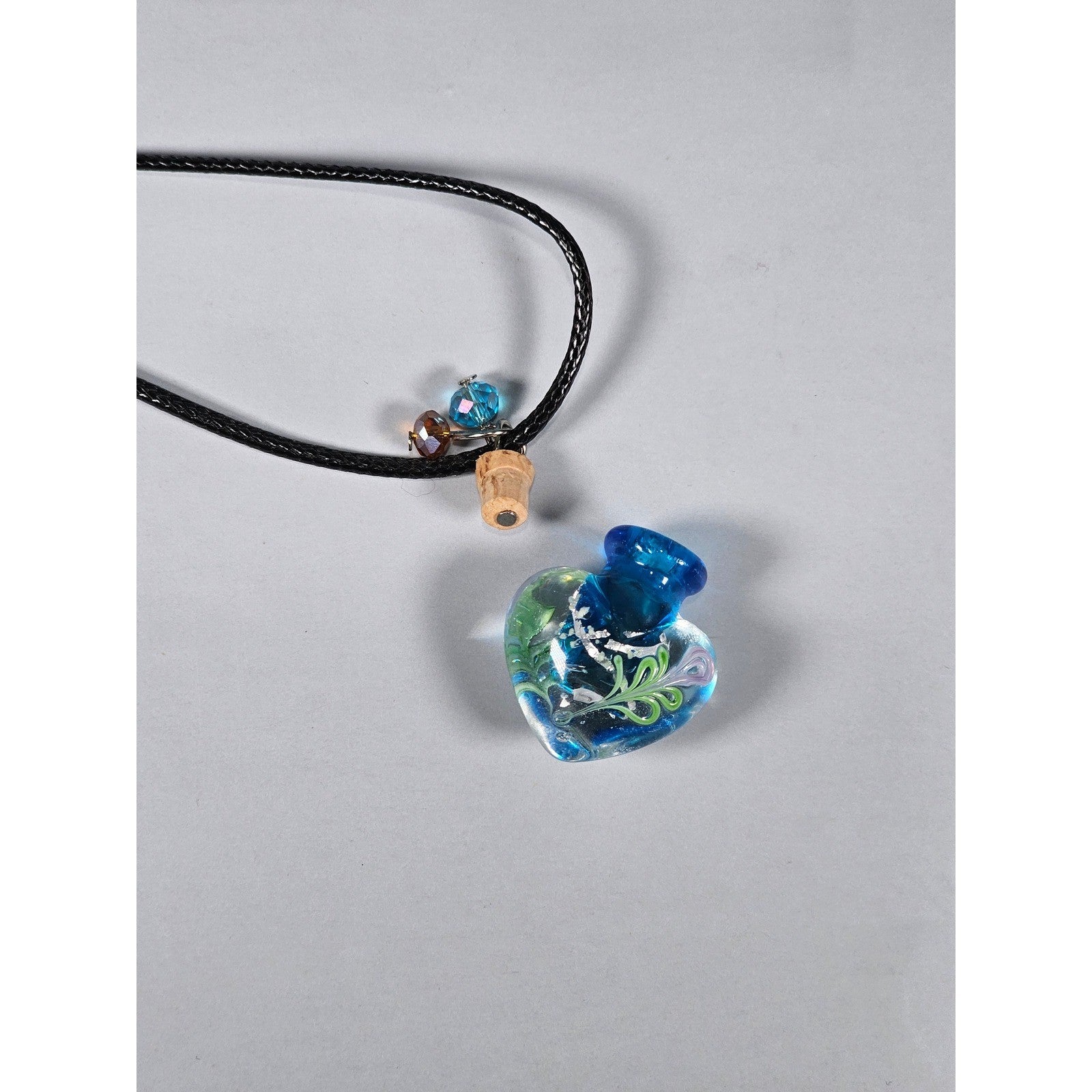 Vintage Glass Heart Bottle Pendant Necklace with Black Cord