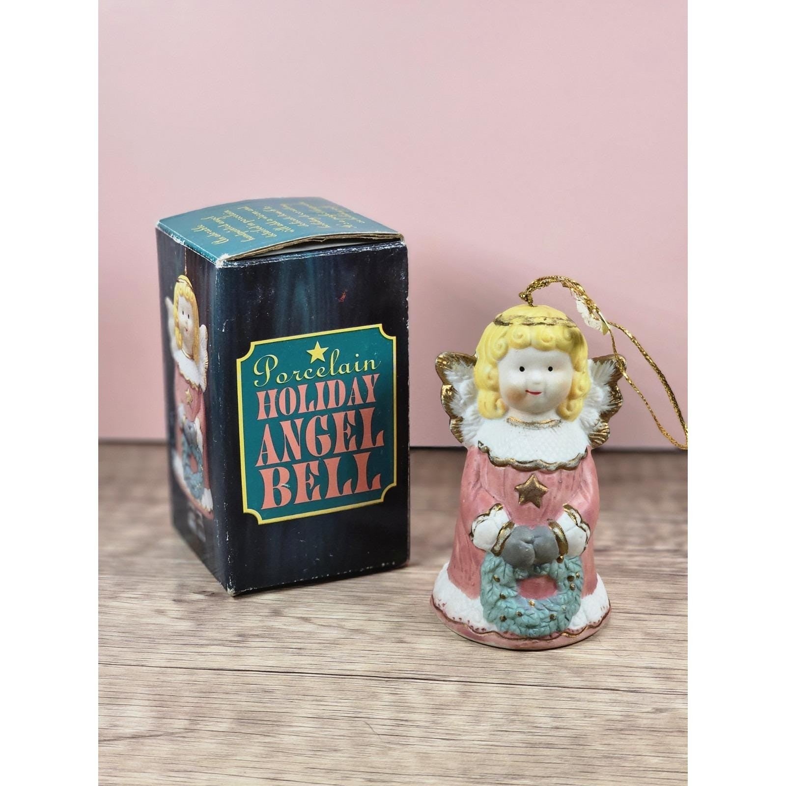 Vintage 1995 Pink Angel Bell Ornament Ceramic Christmas Decor with Box