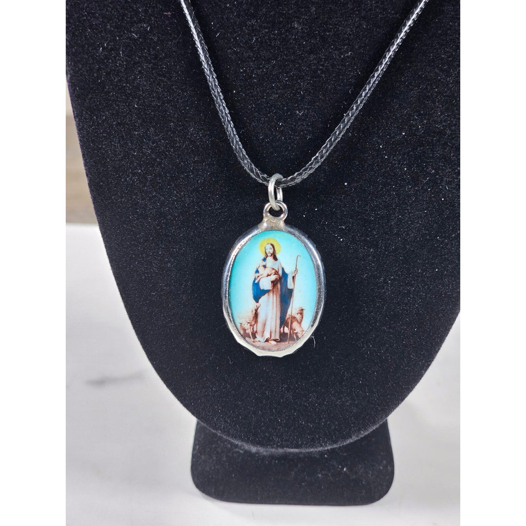 Vintage Religious Shepherd Pendant Aqua Blue Medallion