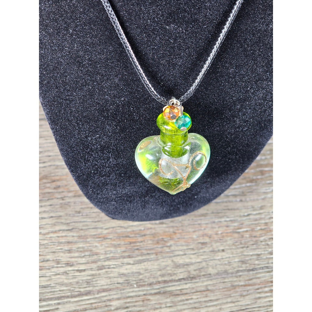 Green Glass Heart Bottle Necklace with Cork Stopper on Black Cord