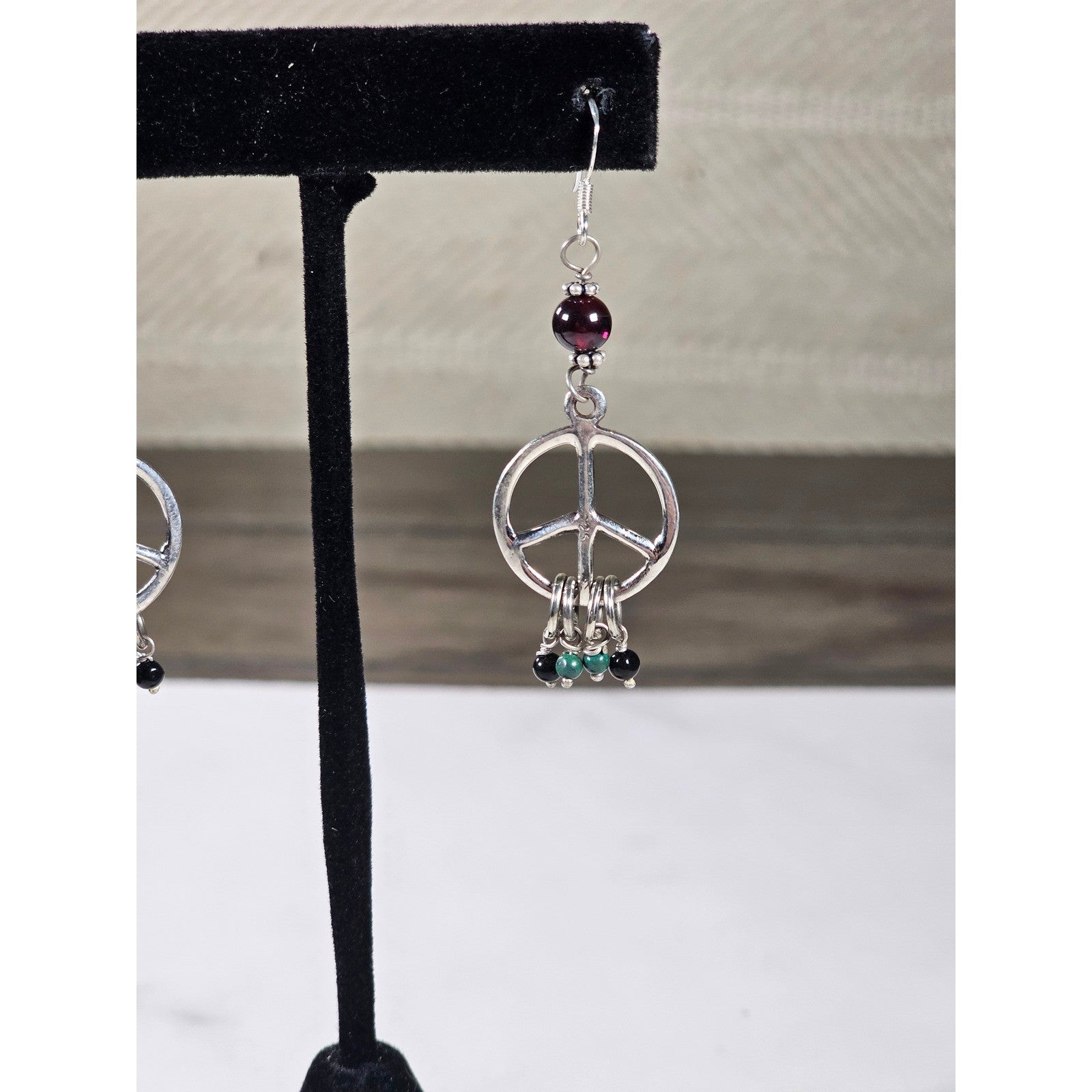 Vintage Peace Sign Dangle Earrings Garnet Bead Accent