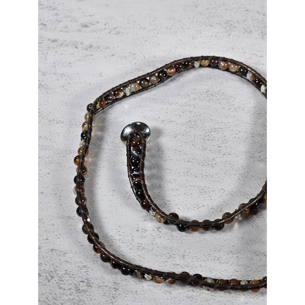 Brown Beaded Wrap Bracelet Leather Cord Multi Tone Stone Boho