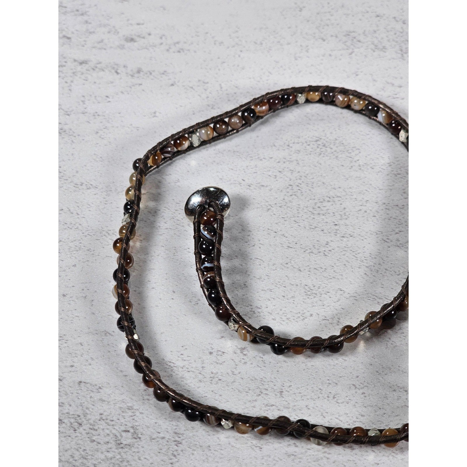 Brown Beaded Wrap Bracelet Leather Cord Multi Tone Stone Boho