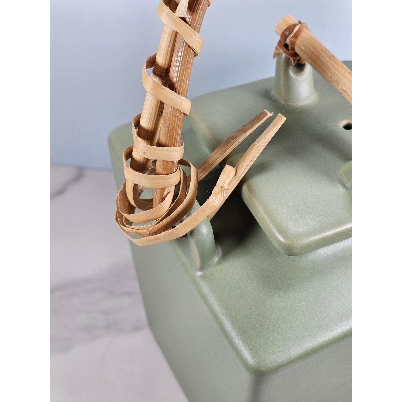 Joyce Chen Ceramic Flared 28oz Teapot & 4 Square Teacups Set Bamboo Handle