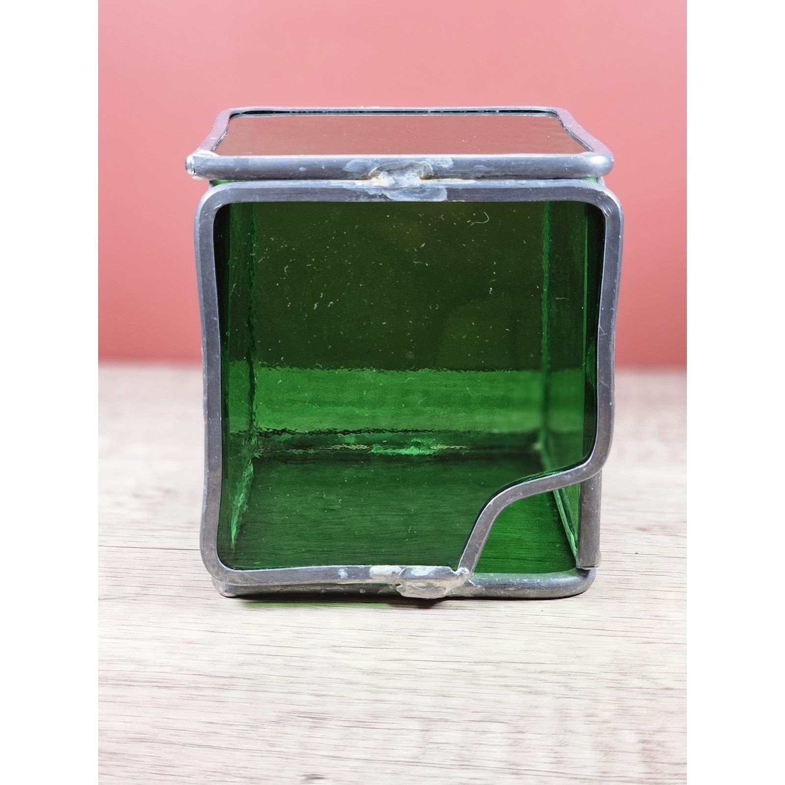 Vintage Green Stained Glass Cube Candle Holder Decorative Glass Accent