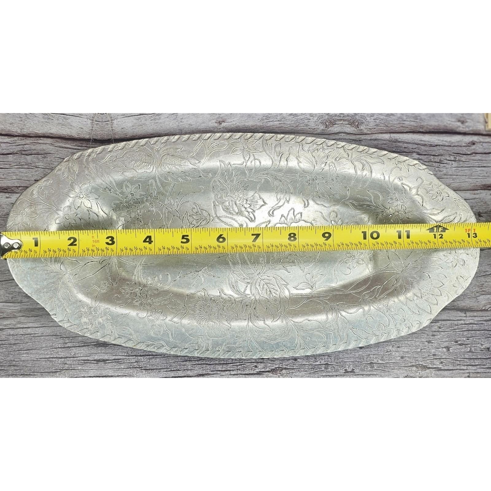 Vintage Aluminum Floral Etched Serving Tray 13x7 Decorative Rectangle