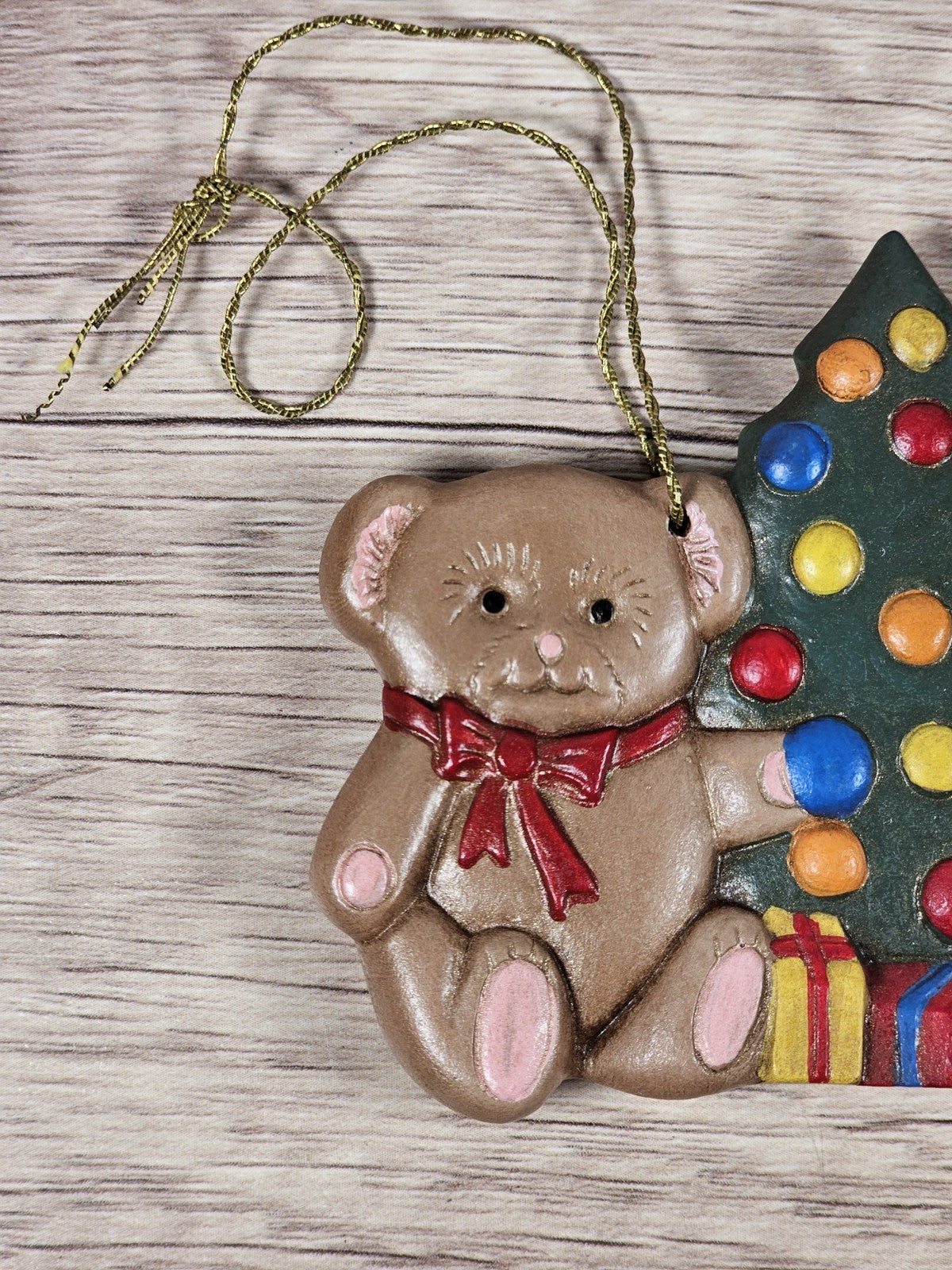 Vintage 90s Teddy Bear & Christmas Tree Ceramic Ornament