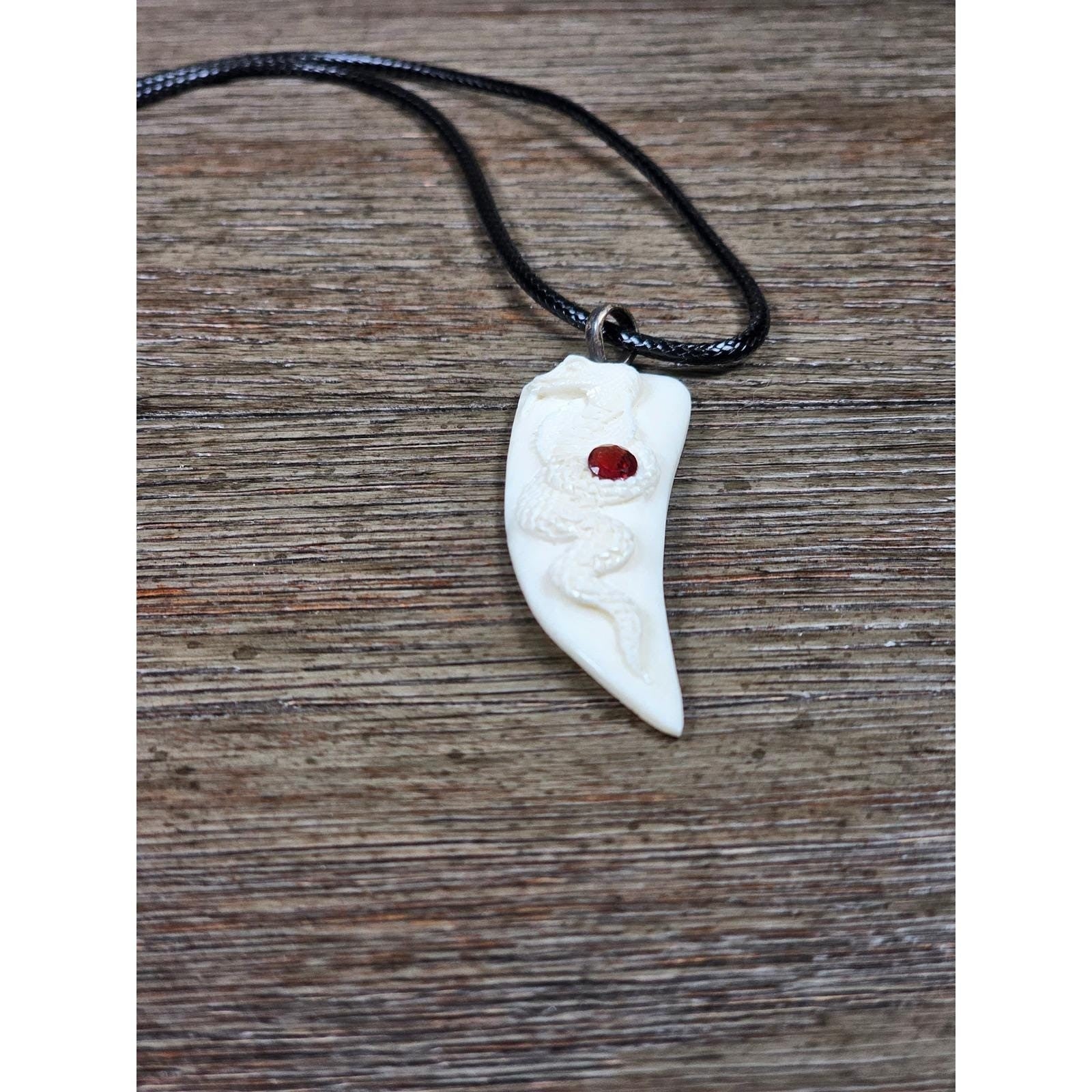 Carved Snake Fang Pendant Necklace White Tooth Style Gothic Charm 2"