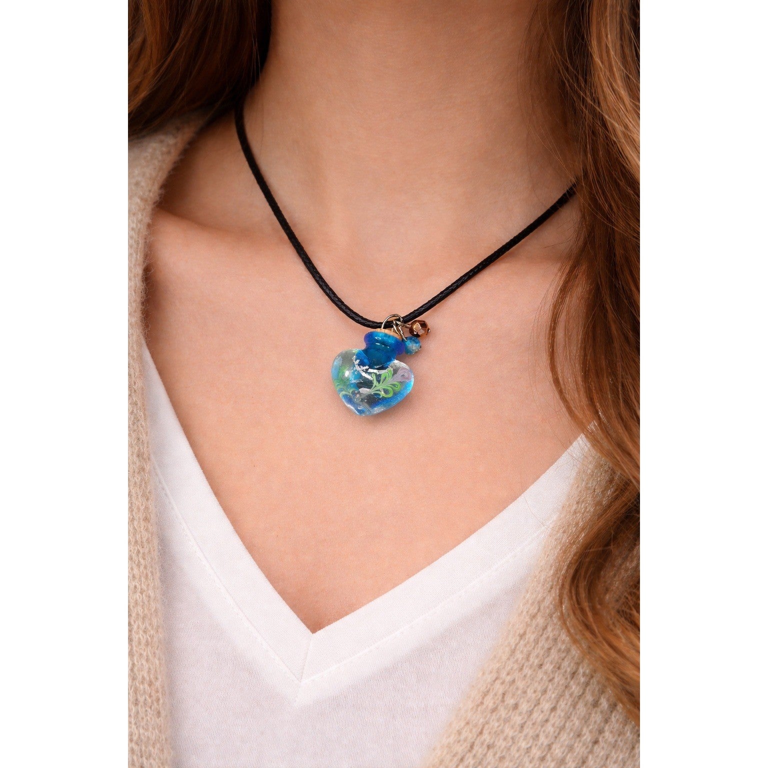 Vintage Glass Heart Bottle Pendant Necklace with Black Cord