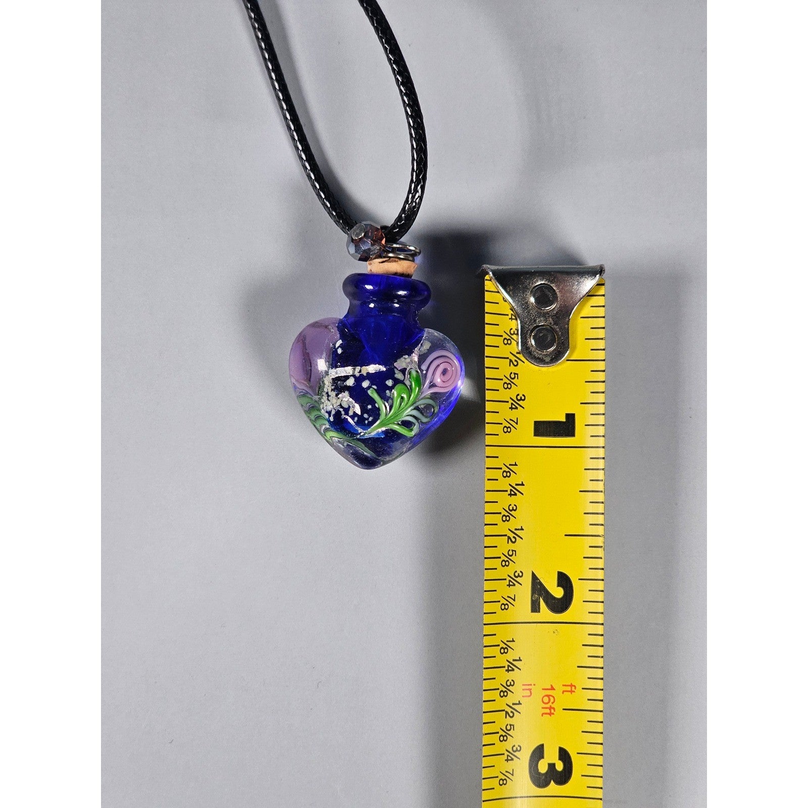 Vintage Glass Heart Vial Necklace Blue Hand Blown Art Glass Pendant
