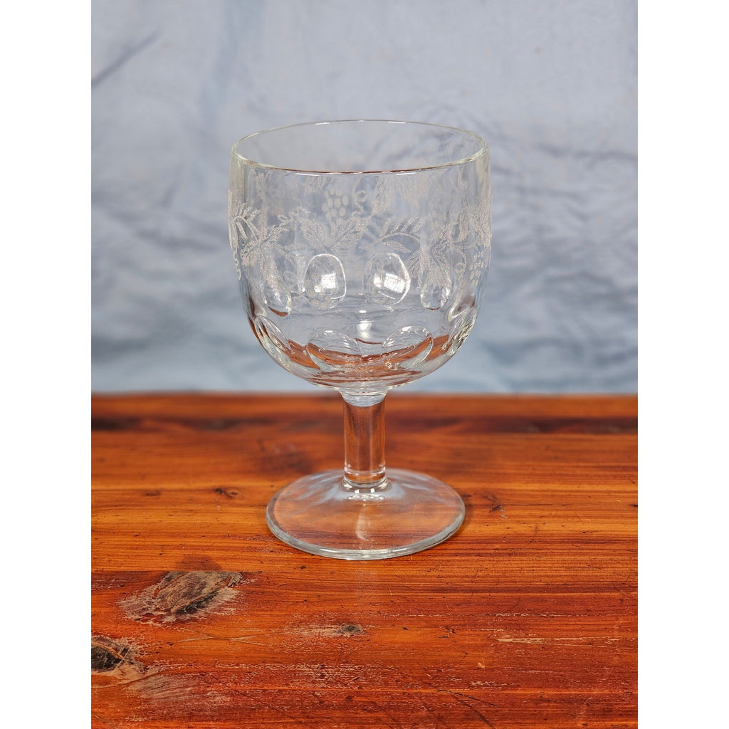 Vintage Etched Glass Goblet Grape Vine Design Clear Stem Wine Glass