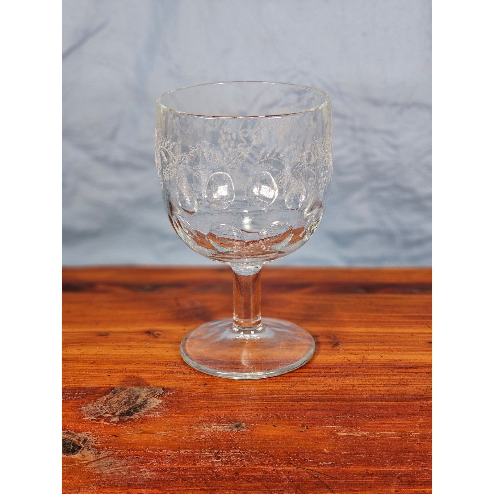 Vintage Etched Glass Goblet Grape Vine Design Clear Stem Wine Glass