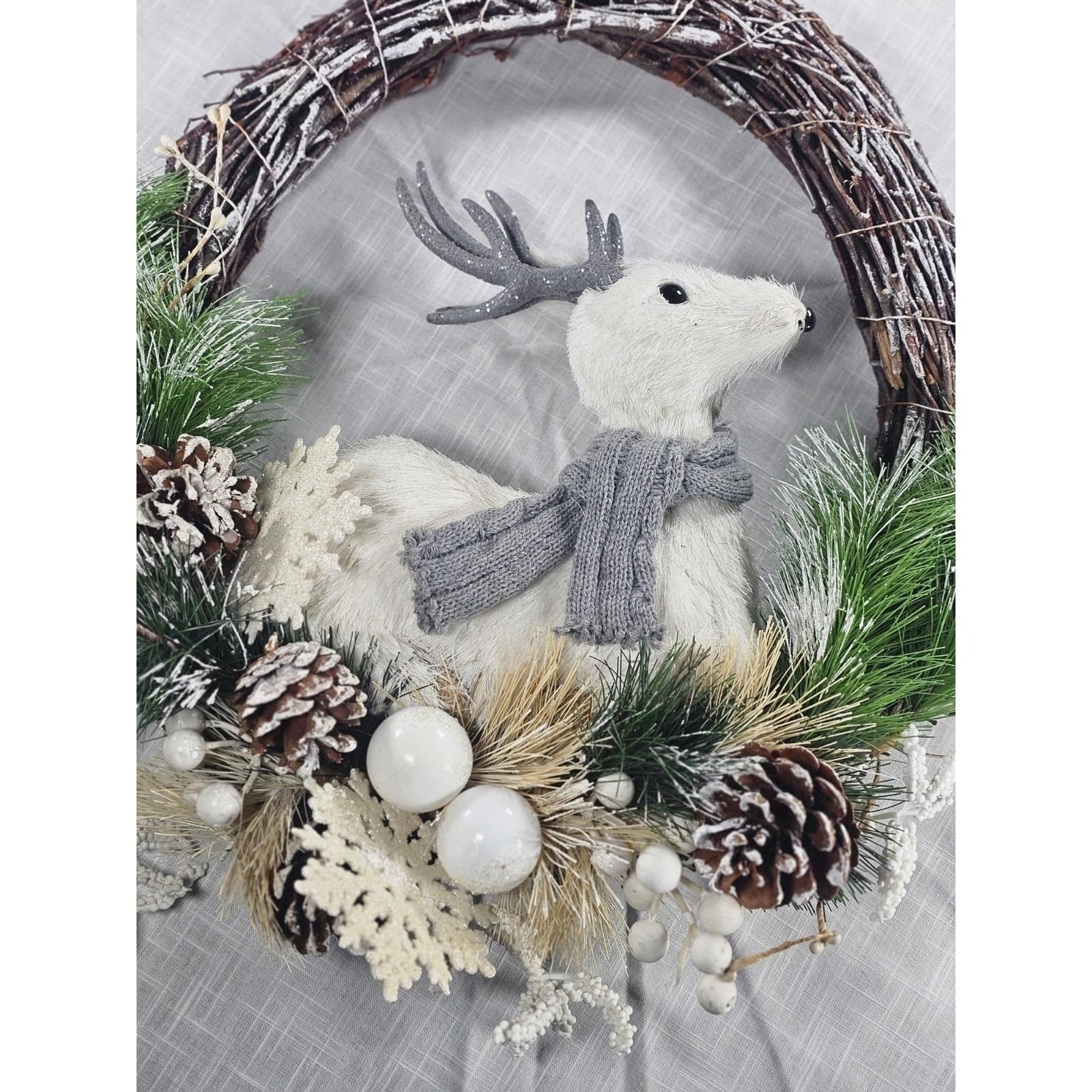 White Deer Christmas Wreath with Pinecones Greenery Snowflakes Rustic Holiday