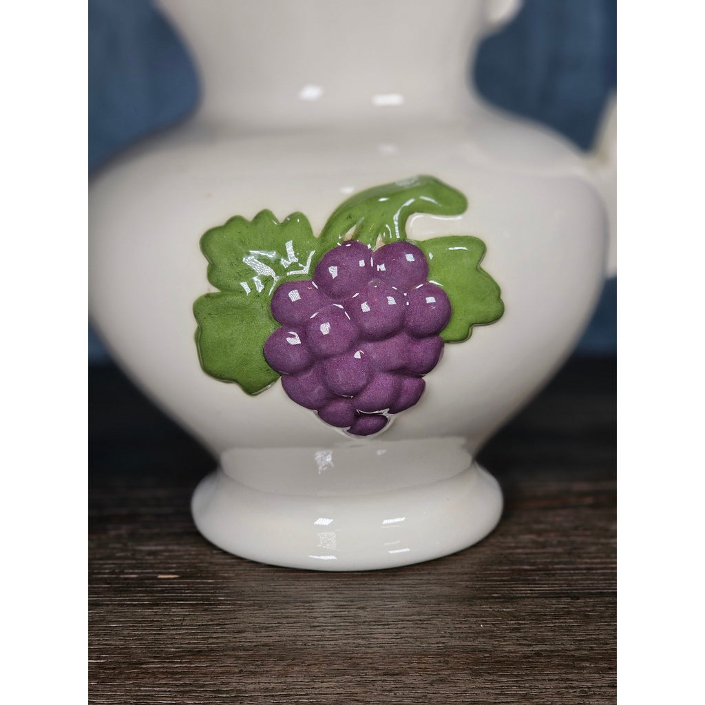 Vintage Ceramic Pitcher with Grape Design | White Pottery Vase Creamer