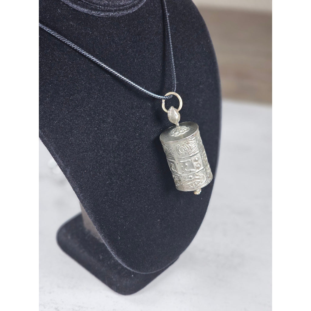 Vintage Asian Prayer Wheel Pendant Necklace Cylinder Scroll Charm